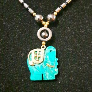 14kt Gold Green Jade Elephant and Obsidian Bead Necklace